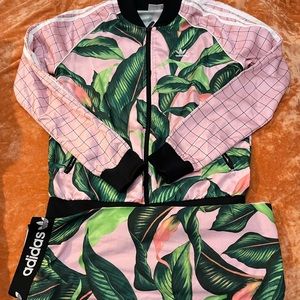 Pink Tropical Leaf Adidas Track Suit Set
